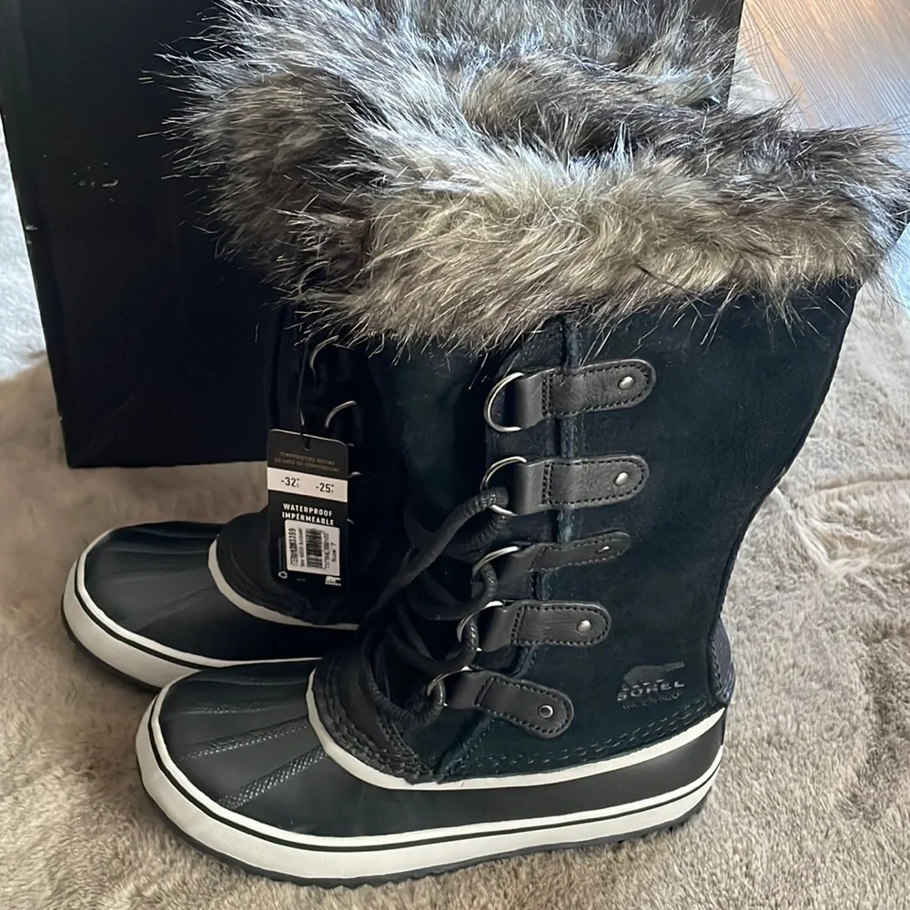 Sorel Black and White Winter Rain Boots with Faux Fur Cuff - Picture 7 of 10
